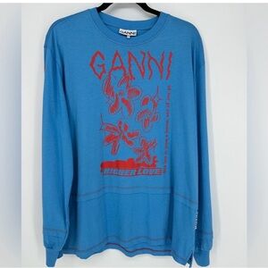 Ganni Blue Crewneck Sweater with Red Graphic